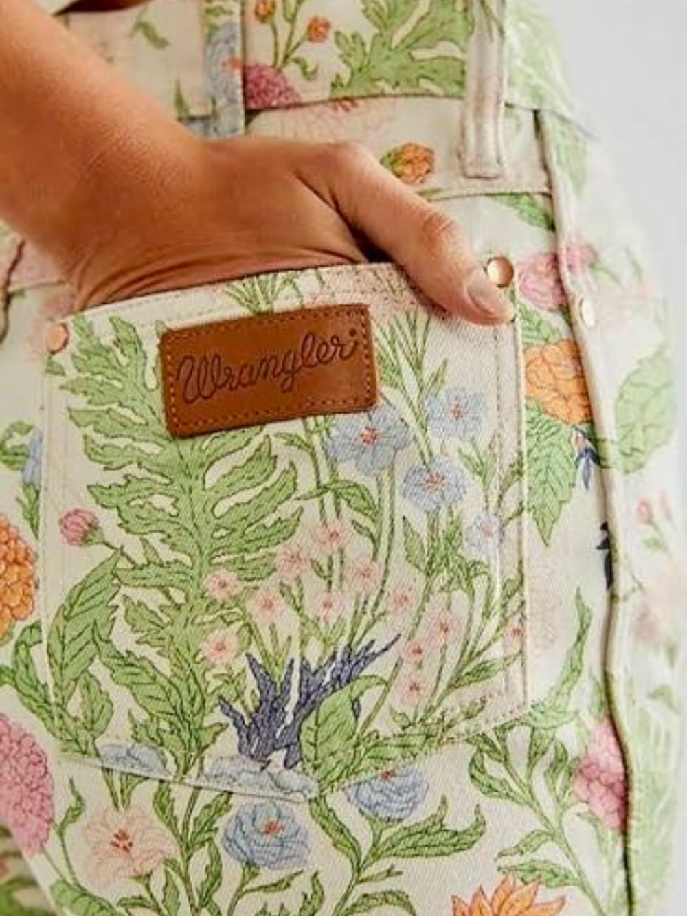 Wrangler Floral Wide Leg Jeans in Cream, Green, Pink - Picture 2 of 12